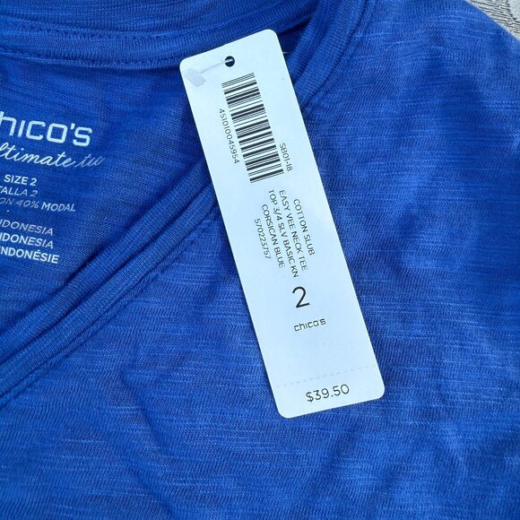 Chicos Cotton Slub Easy V Neck Tee Size 2 (Large)  Corsican Blue 3/4 Sleeve NWT - Picture 6 of 6